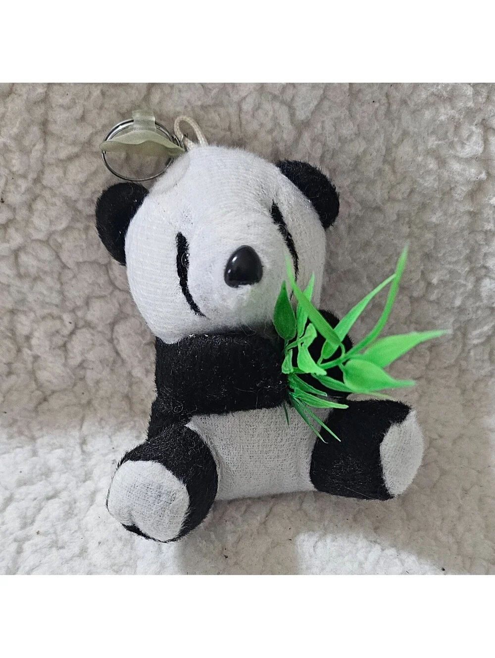 Mini Small Panda Bear Plush Keychain With Bamboo Toy Black & White 4